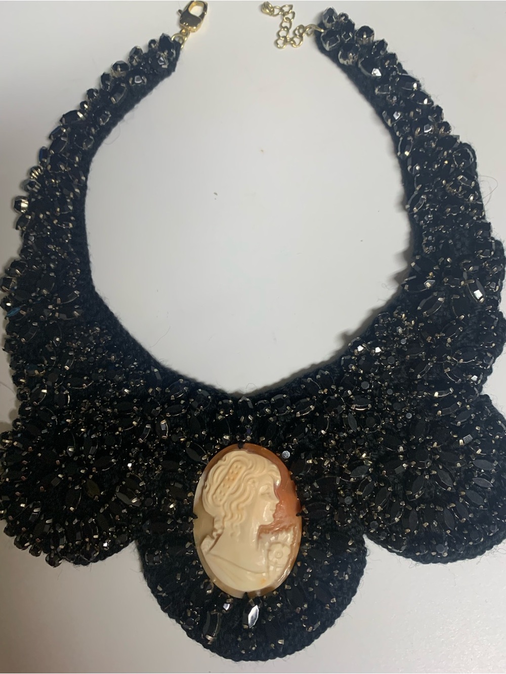 Amadeo Black Beaded Collar Necklace with Ivory Cameo Accent